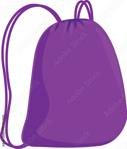 Purple drawstring backpack closing with two purple strings, isolated vector illustration on white background