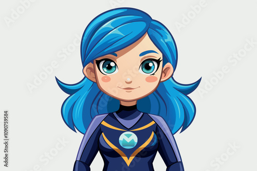 Cute Animated Character With Blue Hair in a Dynamic Superhero Outfit