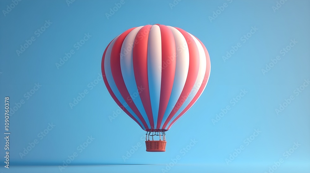 Fototapeta premium Cute cartoon hot-air balloon in blue and red with a solid-color background made of cartoon clay material with glossy paint gradient color and bright light source at a tilt angle