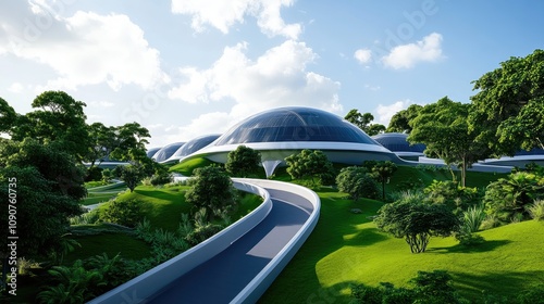 Wallpaper Mural Futuristic Eco-Friendly Dome Structures Nestled in Lush Greenery Under a Bright Blue Sky with Fluffy Clouds Torontodigital.ca