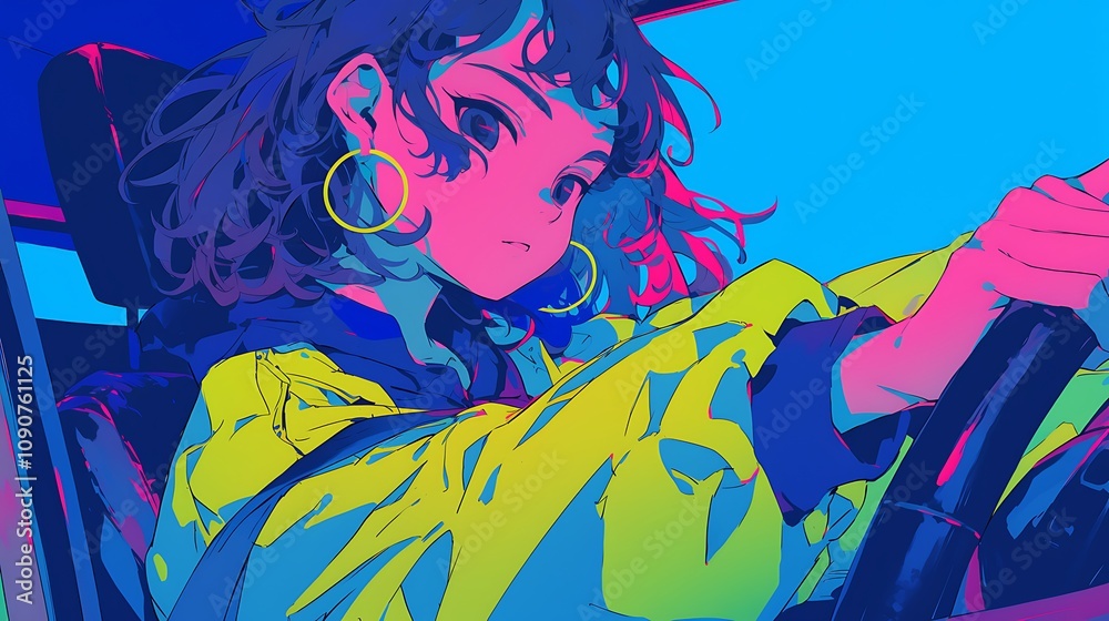 Naklejka premium anime woman is driving, colorful anime style