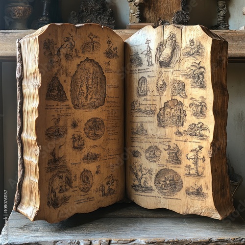 An open antique book with intricate illustrations and text on aged pages.