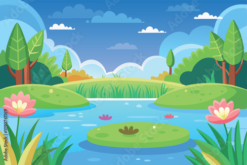 Colorful Landscape With a Serene Pond and Blooming Flowers Under a Blue Sky