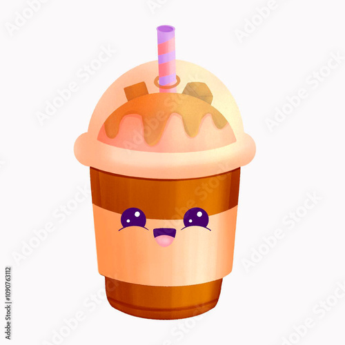 Non-alcoholic drink with topping. Kawaii style for advertising, banner, poster.