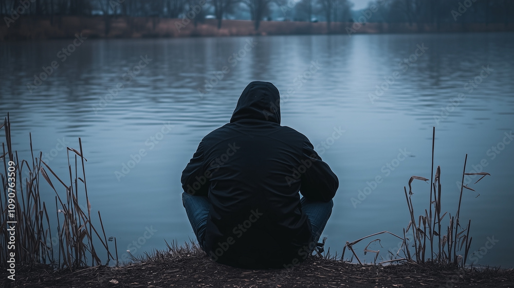 Obraz premium Person sitting alone by a lake on a cloudy day