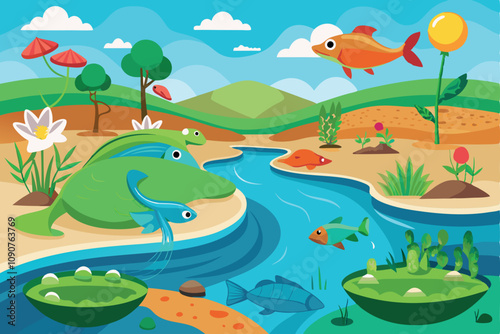 Colorful River Landscape With Various Fish and Creatures in a Serene Natural Setting