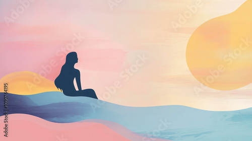 Mental Health and Wellbeing concept colorful Illustration with woman meditating. photo