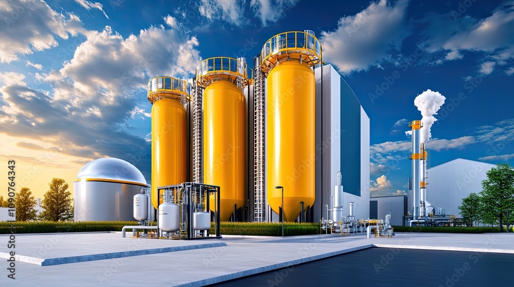 Obraz premium Modern Industrial Facility with Large Yellow Storage Tanks and Blue Sky Background