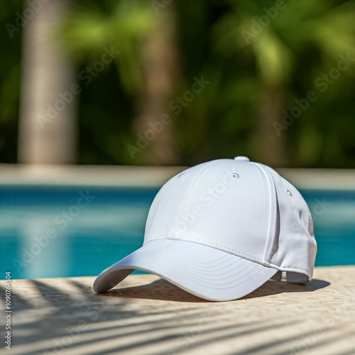 Wallpaper Mural White baseball cap on a poolside wooden deck with blurred water in the background. Torontodigital.ca