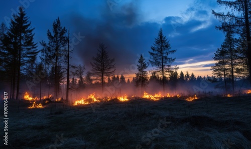 Wildfire burning forest at dusk, flames illuminating trees and smoke rising, dramatic sky photo