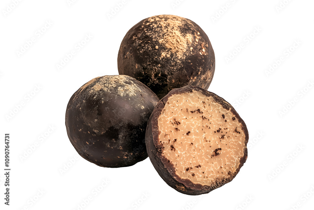Fototapeta premium Fresh black Norcia truffles isolated on white transparent background, great for culinary and gourmet themes.