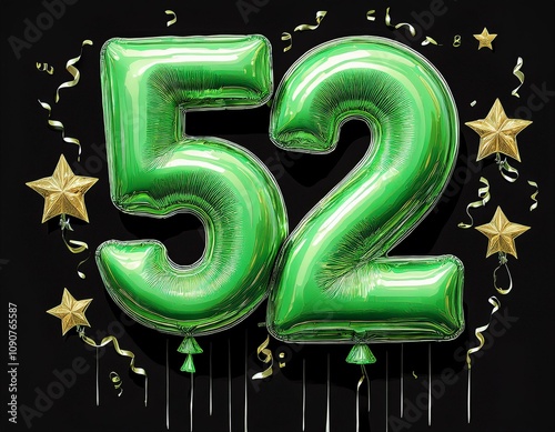 Green birthday / anniversary balloon, number 52, black background with confetti