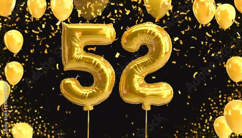 Yellow birthday / anniversary balloon, number 52, black background with confetti