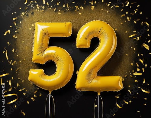 Yellow birthday / anniversary balloon, number 52, black background with confetti