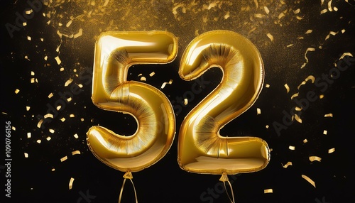 Gold birthday / anniversary balloon, number 52, black background with confetti