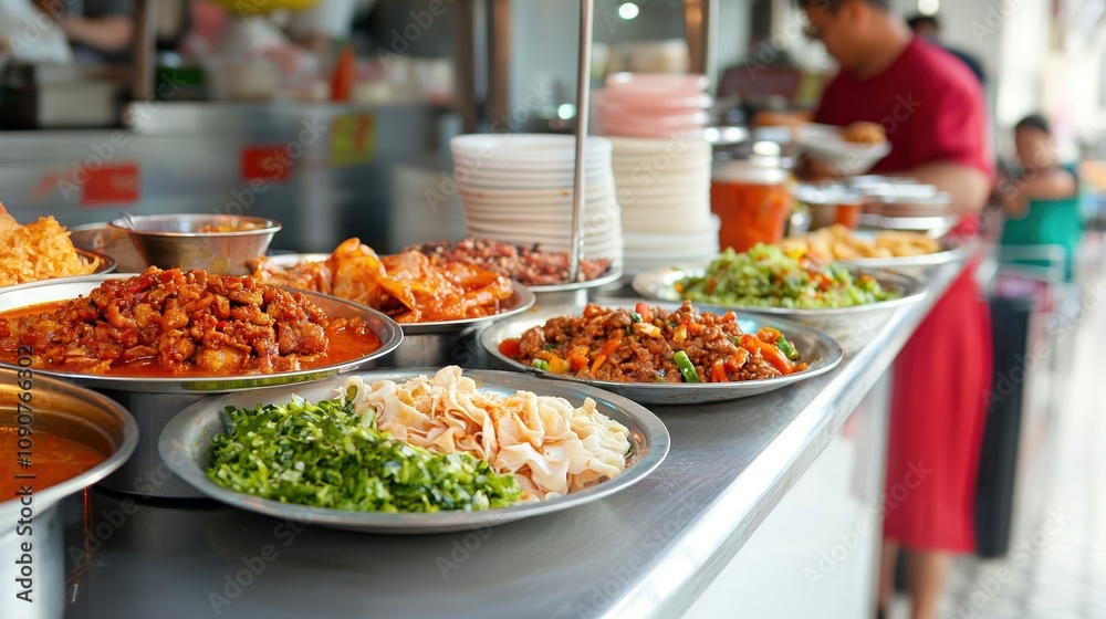 Obraz premium Traditional Street Hawker Stall with Delicious Dishes Chinese food