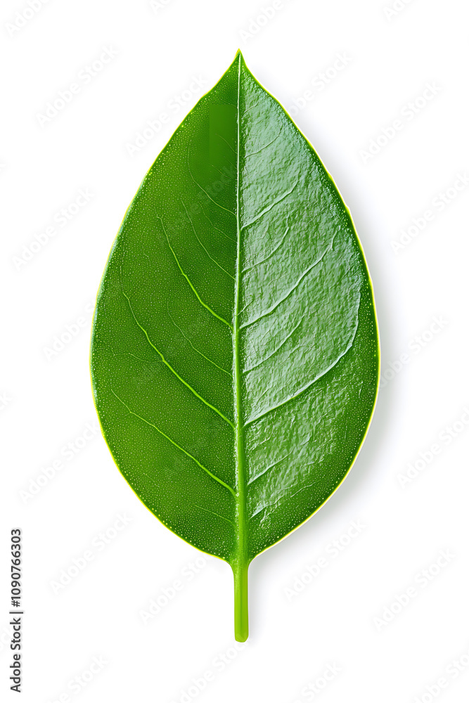 Obraz premium A single green leaf close-up, isolated on white background