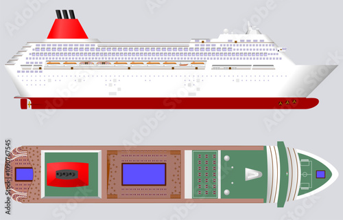 Cruise Ship. Side and top profile of a cruise liner with seven lifeboats, two tenders, and a rescue boat. Isolated vector illustration.