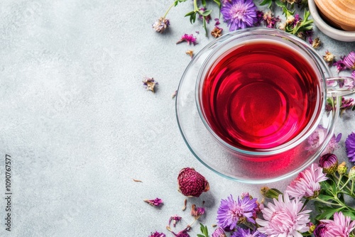 Chrysanthemum Tea in Glass Cup Surrounded by Flowers