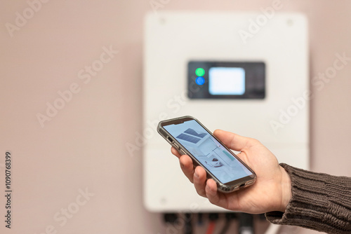 Solar Inverter with Smart Phone App. Modern Solar Monitoring App System. Mobile App on Modern Solar Inverter Background. Copy Space.