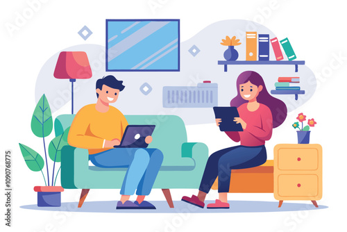 Couple Enjoying Time at Home While Using Technology in a Cozy Living Room