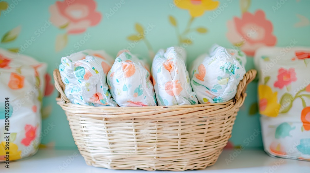 Fototapeta premium Stylish Storage of Colorful Baby Diapers in a Woven Basket Against a Charming Floral Wallpaper Background, Perfect for Parenting and Nursery Themes