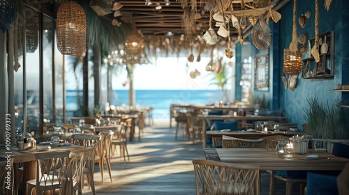 A coastal seafood restaurant with driftwood decor