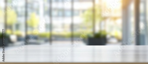 Empty office wooden desktop with empty space on modern boardroom with large window background, closeup, mock up