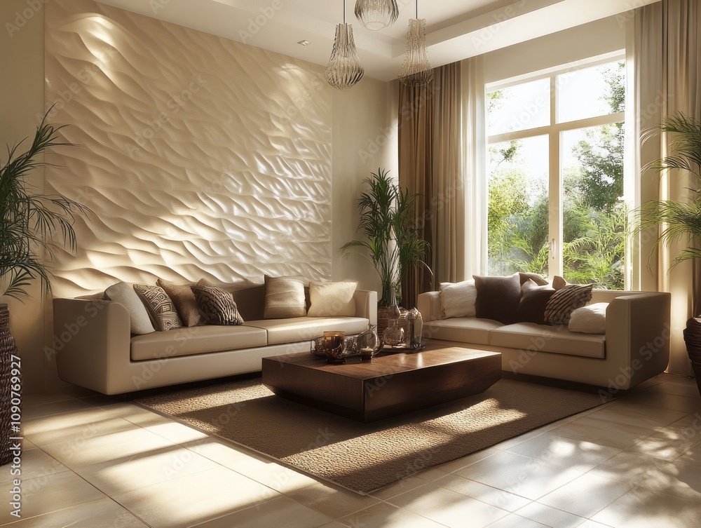 Fototapeta premium Modern Beige Living Room With Textured Wall