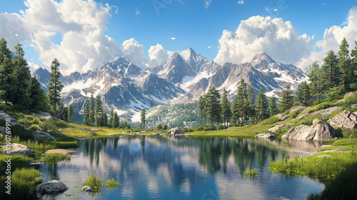 Majestic mountain landscape with clear lake and vibrant green foliage under blue sky