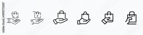 hand holding shopping bag icon, shopping bag icon set, hand holding paper bag icon, Holding paper bag with purchases.