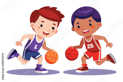 Two Kids Dribbling Basketballs in Colorful Sports Uniforms During a Game