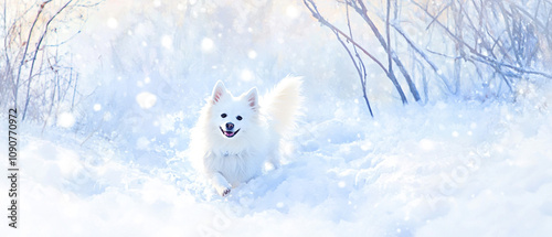 American Eskimo Dog Playing In The Snow Dreamy Pastel Winter Wonderland