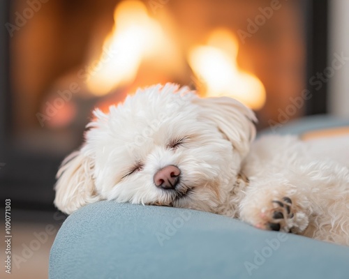 Sleeping dog by the fireplace cozy home pet photography warm environment peaceful moment photo