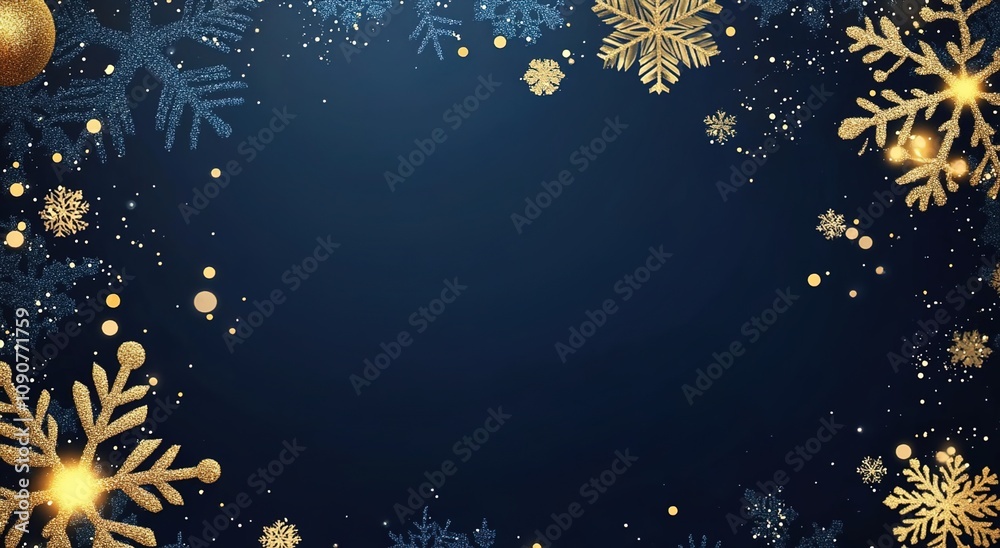 Fototapeta premium A dark blue background with golden snowflakes and lights, creating an elegant atmosphere for a Christmas or New Year promotion