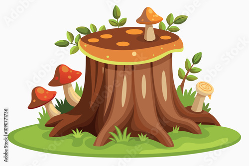 Colorful Mushrooms on a Tree Stump Surrounded by Green Grass and Leaves