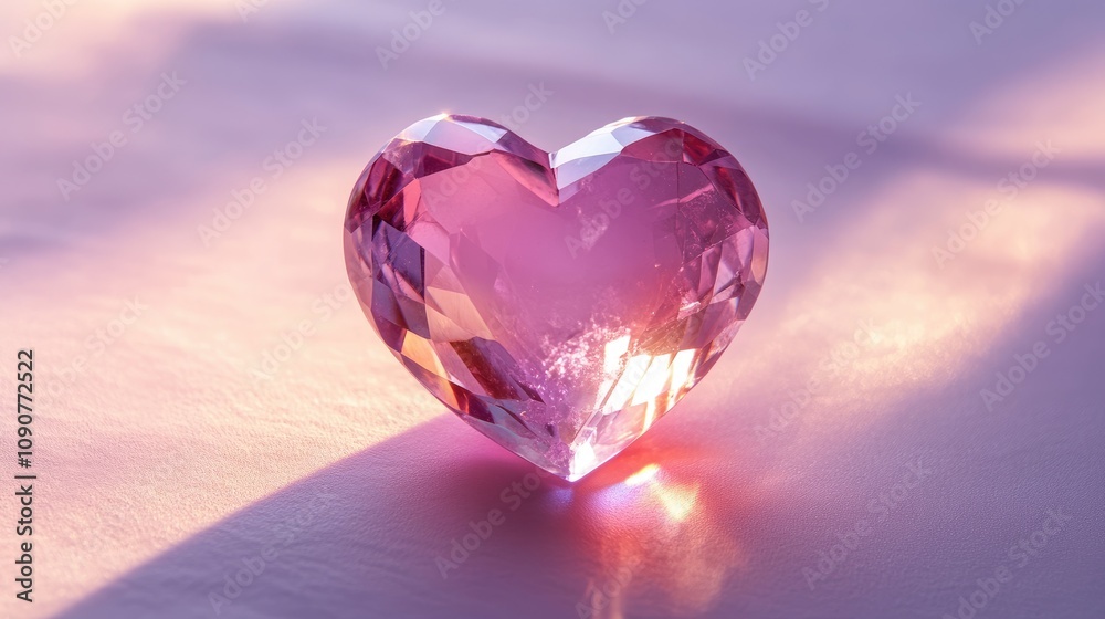 Fototapeta premium Heart-Shaped Pink Gemstone with Reflections, Capturing Light and Color on a Soft Pastel Background for Romantic and Decorative Themes