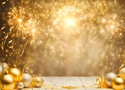 New year celebration greeting card, sparklers gold bauble ribbon confetti, golden bokeh background, copy space