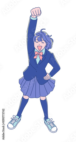 ジャンプして喜ぶアニメ調の女子学生