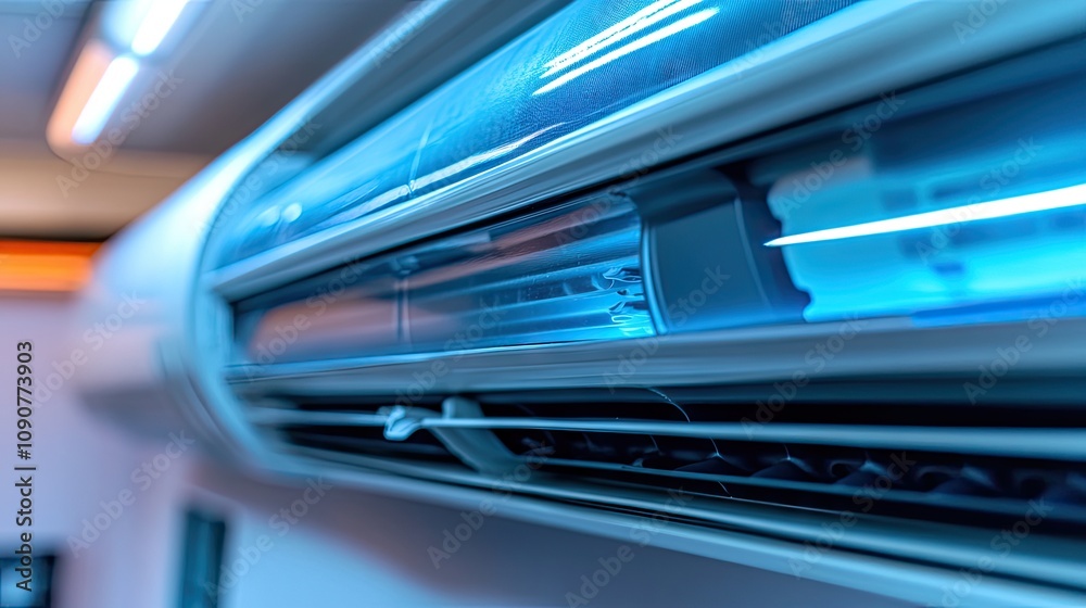 Close-Up View of Modern Air Conditioning Unit with Blue Illumination Highlighting Technology and Sophisticated Design in a Contemporary Indoor Setting Close-Up View of Modern Air Conditioning Unit with Blue Illumination Highlighting Technology and Sophisticated Design in a Contemporary Indoor Setting