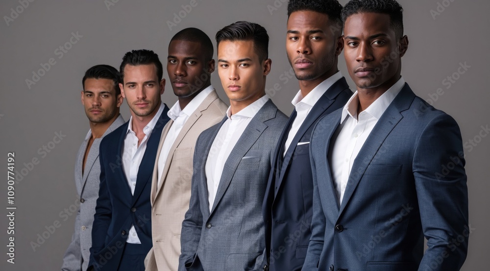 A group of confident men in tailored suits, showcasing diversity, professionalism, and elegance, ideal for business and fashion concepts against a neutral backdrop A group of confident men in tailored suits, showcasing diversity, professionalism, and elegance, ideal for business and fashion concepts against a neutral backdrop