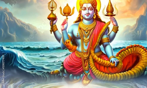A vibrant depiction of a divine figure with multiple arms, seated on a serpent amidst waves in a serene ocean setting