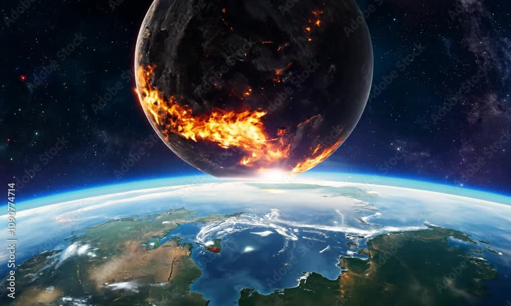 Earth in space with a fiery, partially destroyed planet looming nearby, surrounded by a cosmic environment.