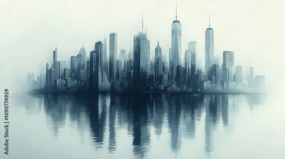 Naklejka premium Ethereal Cityscape Reflection at Dawn with a Soft Mist Surrounding a Majestic Urban Skyline and Calm Water Surface Enhancing the Beauty of the Scene