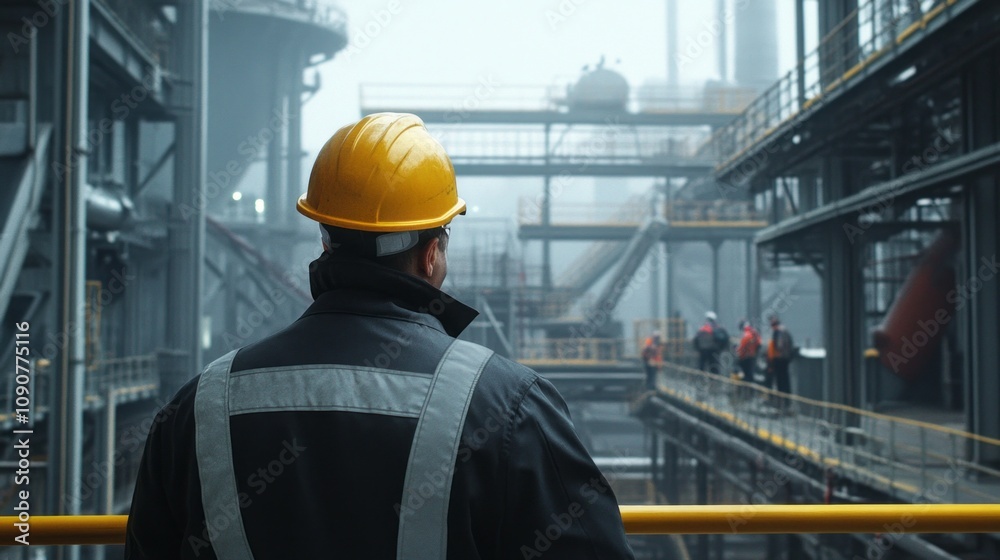 Fototapeta premium The scene is industrial and the man is a worker