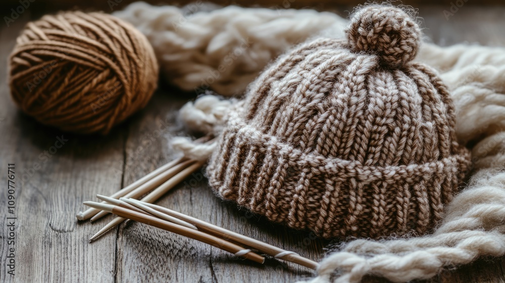 Fototapeta premium Cozy Knitted Hat with Pom Pom and Yarn on Rustic Wooden Table Perfect for Winter Fashion and DIY Craft Projects