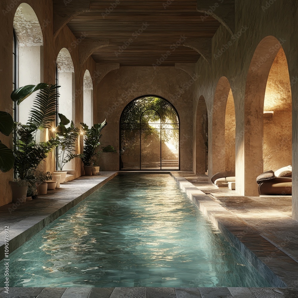 Fototapeta premium Serene indoor pool with natural light, elegant arches, and lush greenery, perfect for relaxation and rejuvenation.