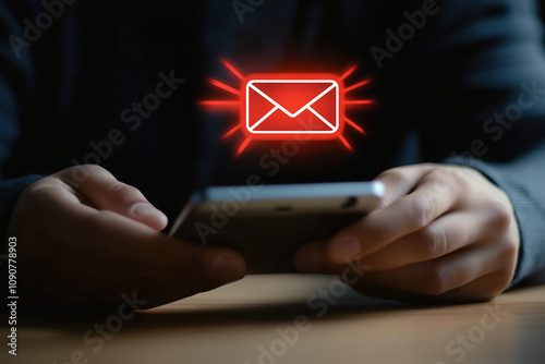 SMS spam, fake text message phishing from scammer concept. System hacked red warning alert, email hack, scam malware spreading virus on message alert virtual on mobile phone screen in person hand