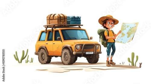 a 2D cartoon illustration of a person on a road trip with a car and a map, adventurous and free, white background--ar 16:9