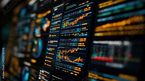 A close-up view of a screen displaying intricate data visualizations and graphs, showcasing trends and analytics in a high-tech environment.